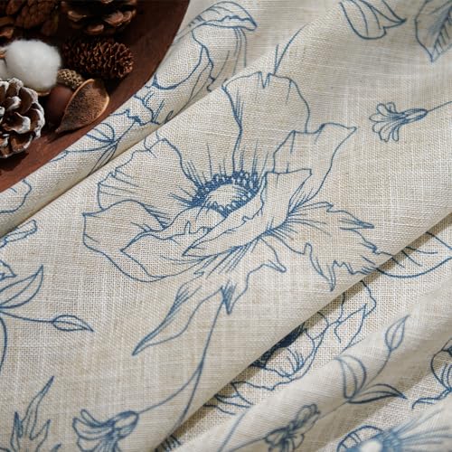 Floral Linen Curtains for Living Room 63 Inch Length Blue Flower Curtain Rod Pocket Back Tab Farmhouse Curtains with Printed Floral Bedroom Window Curtain Set (Penny Blue on Ecru / 50"W x 63"L (Pack of 2))