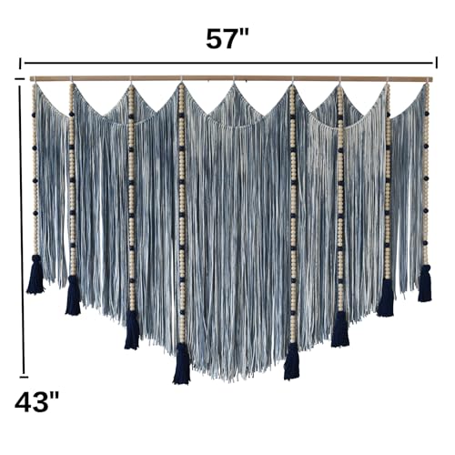 Macrame Wall Hanging Blue Dip Dye Bead Boho Home Decor 57"x43" (Blue)