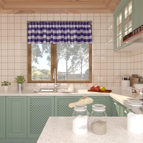Short Christmas Curtains For Windows Treatment Buffalo Check Plaid Valances Gingham 2 Pack Tiers Rod Pocket Purple and white Decor Over Sink For Kitchen (34"W x 36"L (Pack of 2) / Purple and White)