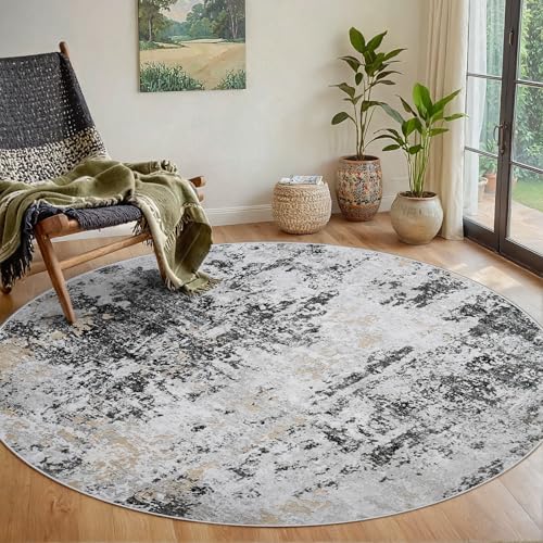 Round Rug 6ft Washable Rug for Dining Room Living Room Black Grey Gold (Black Grey/Gold / 6' (Round))