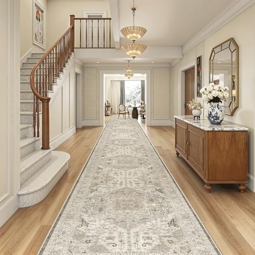 Hallway Runner Rug 3x20 Washable Kitchen Runners 20ft (Ivory/Brown / 3' x 20' (Runner))