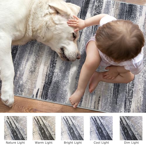 Modern Abstract Runner Rug 2.6x8 (2'7" x 8' (Runner) / Grey Navy Blue Black Cream Tan)