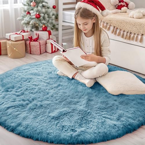 Slate Blue Round Rugs for Bedroom (4 Ft Round / Slate Blue)