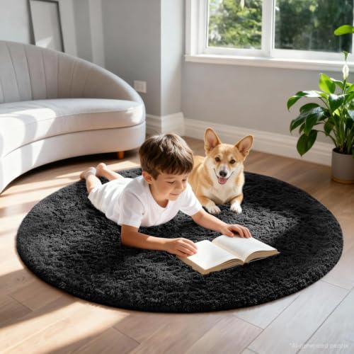 Round Rug 4Ft Black Circle Area Rug (3- Black / 4' (Round))