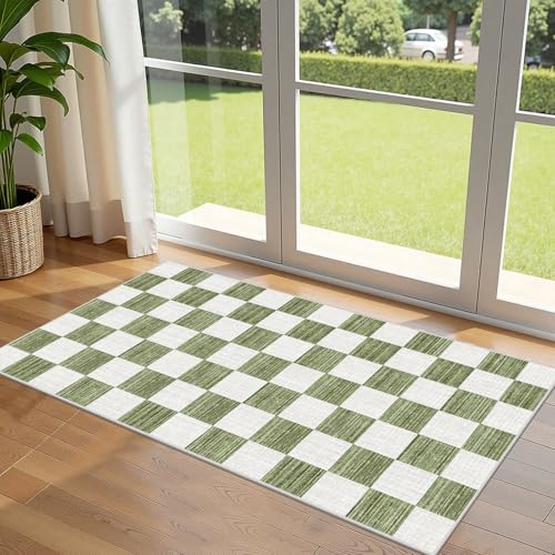 Front Door Mat Indoor Entrance (Checkered - Green / White / 2' x 4'3" (Rectangular))