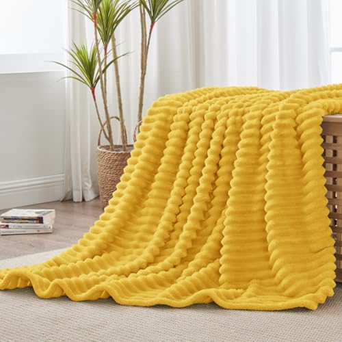 Ribbed Fleece Throw Blanket for Couch (Light Yellow / Throw(50"x60"))