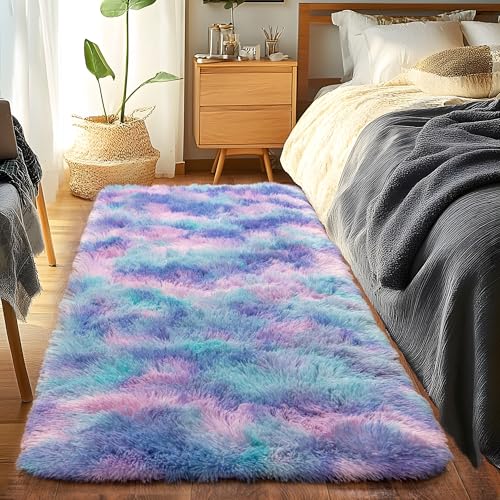 Runner Rugs for Bedroom 2x6 Rug Runners for Hallways Non Slip Soft Shag Bedside Rug (2' x 6' (Rectangular) / Rainbow Purple)
