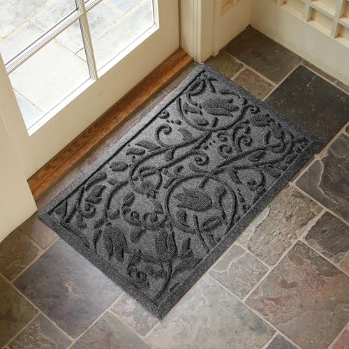 Boho Grey Floral Leaves Outdoor Indoor Entrance Doormats (Tulip-grey / 1'5" x 2'6" (Rectangular))