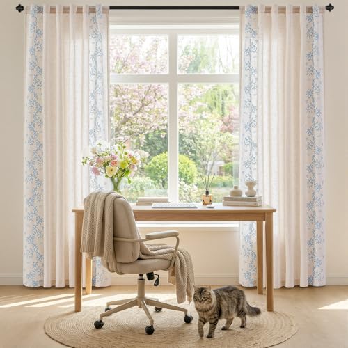Floral Linen Curtains 96 Inch Farmhouse Back Tab 2 Panels (Vine | Sky Blue / 50"W x 96"L (Pack of 2))
