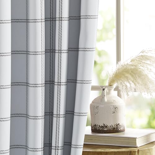 Farmhouse 100% Blackout White Kitchen Buffalo Plaid Curtains (26"W x 36"L (Pack of 2) / Grid Pattern | White & White)