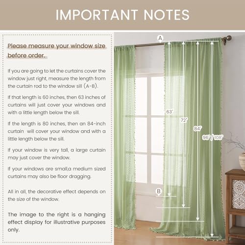 Boho Lace Curtains 84 Inches 2 Panel (59"W x 84"L (Pack of 2) / Grass Green)