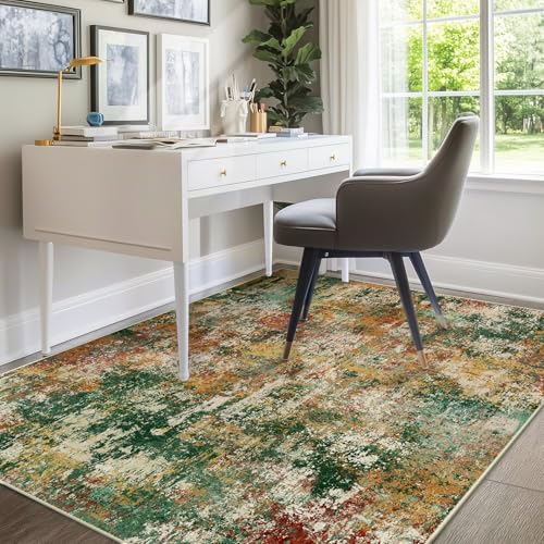 Washable 5'x7' Abstract Area Rug for Living Room Green Multi (Green/Orange/Red/Blue / 5' x 7' (Rectangular))