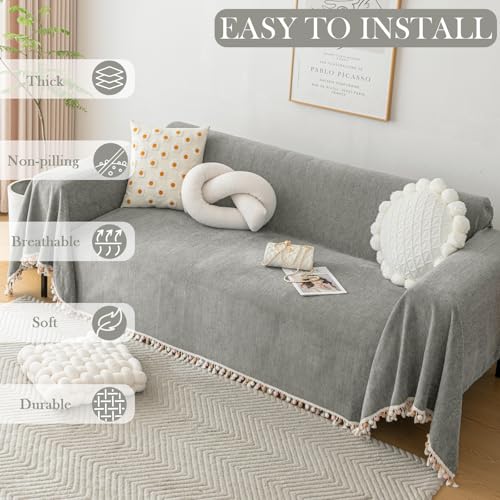 Couch Slipcovers for Sofas Dark Grey Couch Cover Sofa Cover for Dogs Boho Pet Couch Protector with Tassel Chenille Herringbone Couch Cover for 2 3 Seat Washable Pet Friendly (91" x 134" / Tassel Ball: Dark Grey)