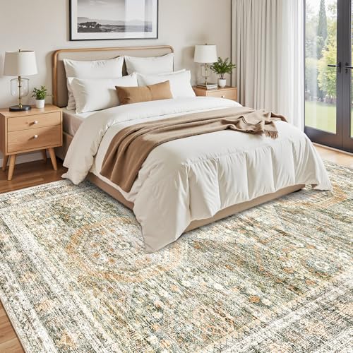 Washable Area Rug 8x10 Large Soft Living Room Rugs Green (Green/Orange / 8' x 10' (Rectangular))