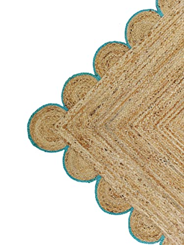 Scalloped Natural Jute Area Rug (2'x10' (Runner) / Teal)