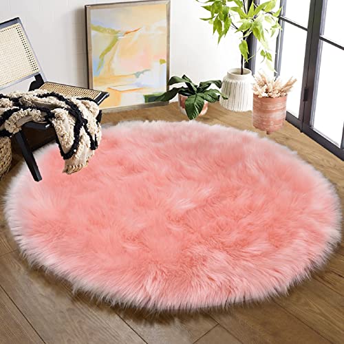 Pink Washable Fluffy Circle Rugs for Bedroom Small Faux Sheepskin Shag Fur Round Rugs 4ft Nursery Rug Cute Room (4' (Round) / Pink)