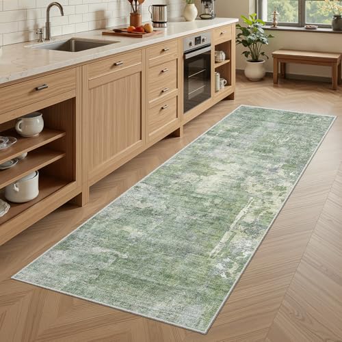 Abstratc Runner Rug 2x6 Kitchen Hallway Runners Green (Green/Ivory / 2' x 6' (Runner))