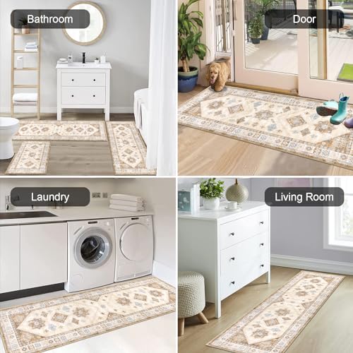 HEBE Boho Kitchen Rugs Set of 3 (Cream Tan / 20"x32"+20"x48"+20"x59")