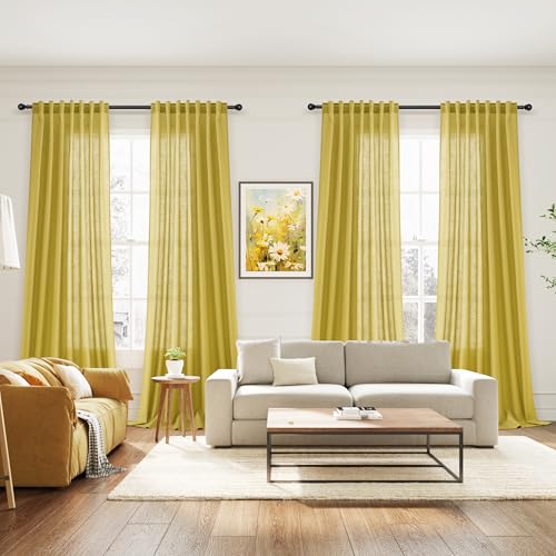 Celery Yellow Linen Curtains 84 Inch Length 2 Panels Set for Living Room Back Tab Light Filtering Semi Sheer Curtain for Bedroom Farmhouse Drapes (52"W x 84"L (Pack of 2) / Celery Yellow)