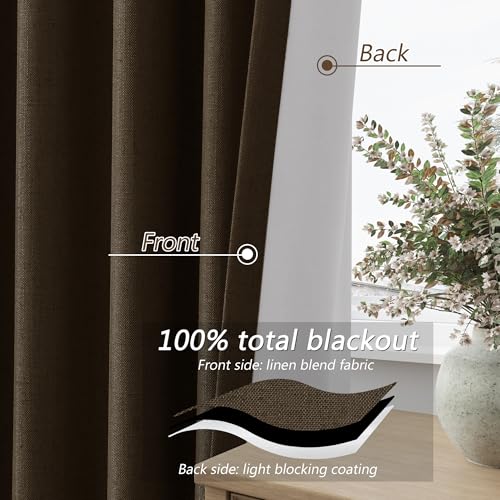 100% Blackout Curtains 90 Inch Length 2 Panels Set for Living Room Bedroom Back Tab Thermal Insulated Black Out Linen Drapes Room Darkening Chocolate (Chocolate / 52"W x 90"L (Pack of 2))