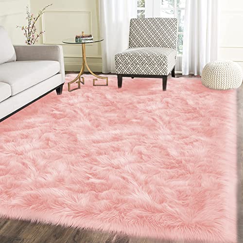 Pink Fur 5x8 Area Rug for Living Room Bedroom Faux Sheepskin Rugs Fuzzy Shaggy Plush Rug for Girls Room Cute Home Décor (5' x 8' (Rectangular) / Pink)