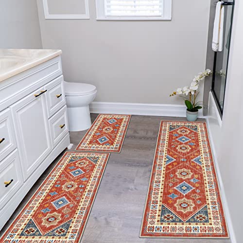 HEBE Boho Kitchen Rugs Set of 3 (Rust/Red / 20"x32"+20"x48"+20"x59")