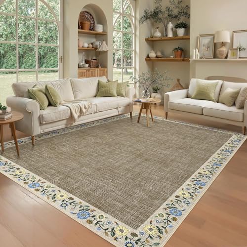 10x13 Machine Washable Rugs for Living Room Large Area Rug Modern Floral Indoor Accent Carpet Low Pile Carpet Soft Throw Aesthetic Floor Cover for Bedroom Laundry Dining Room (Taupe/Flax / 10' x 13' (Rectangular))