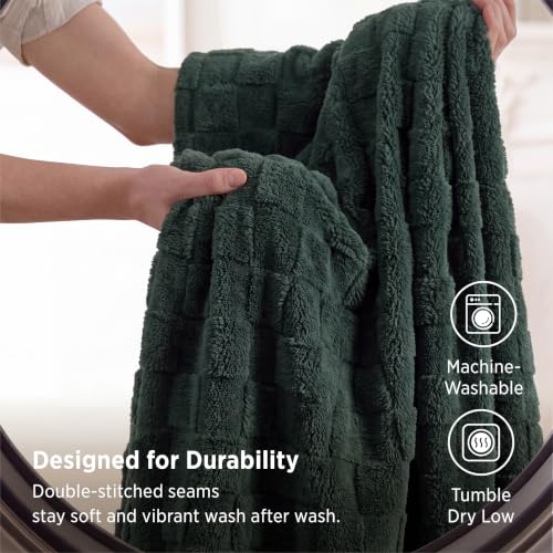 Checkered Fleece Throw Blankets for Bed (Dark Green / Throw XL (50" X 70"))