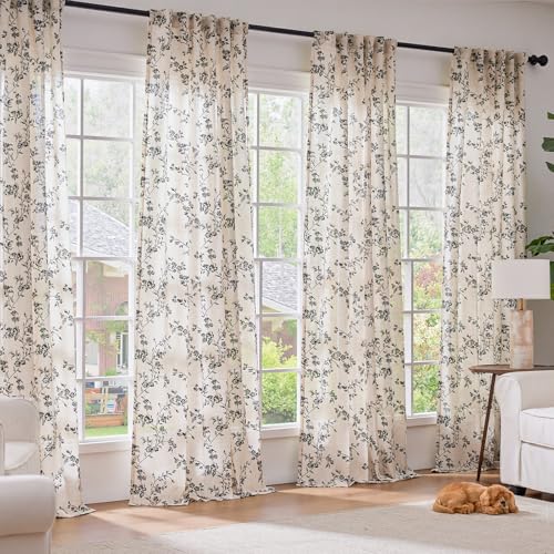 Black Vintage Floral Linen Curtains Farmhouse 50W X 84L 2 Panels (Black on Beige / 50"W x 84"L (Pack of 2))