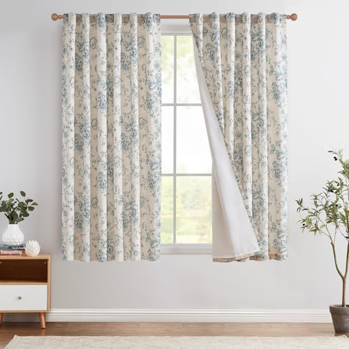 Floral Lined Linen Curtains 63 Long for Living Room 2 Panels (Lined Blue / 50"W x 63"L (Pack of 2))