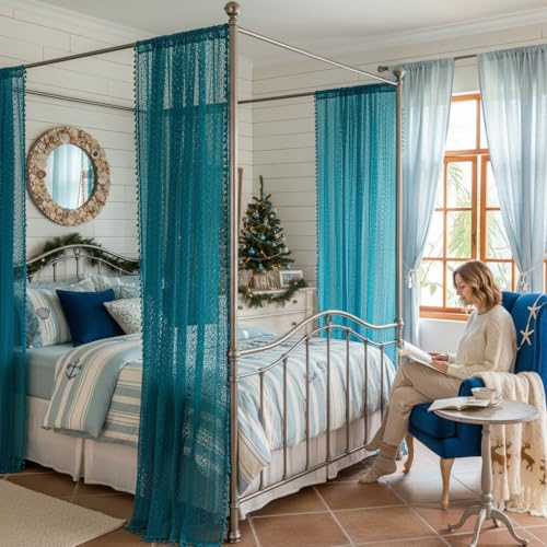 Boho Lace Curtains 96 Inches 2 Panel (59"W x 96"L (Pack of 2) / Teal)