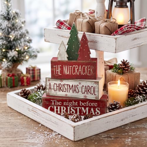 4 Pcs Christmas Table Decorations Rustic Christmas Tree Stacked Wooden Signs Decor Red Green and White Winter Tiered Tray Decor Xmas Table Centerpiece Farmhouse for Home Kitchen Shelf (Rustic Christmas Tree Cute)