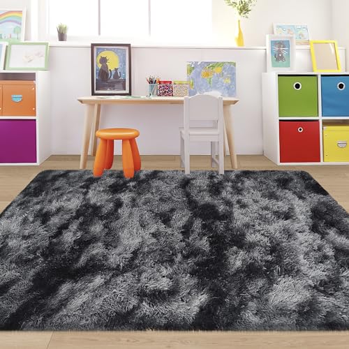 4x6 ft Area Rug for Bedroom Black Grey Tie Dye Fluffy Rug Mat Bedside Throw Rug for Living Room Kids Room Boys Teens Nursery Baby Dorm Office Home Decor Aesthetic Carpets (Tie-dyed Black Grey / 4' x 6' (Rectangular))