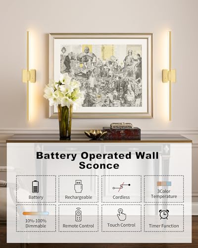 Gold Battery Operated Wall Sconces with Remote Control (Gold / 24 Inch(2 Pack))