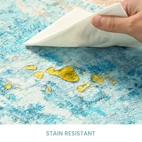 Living Room Rug 5x7 Teal Blue Area Rug Machine Washable Boho Rug Non Slip Abstract Vintage Indoor Large Rugs for Bedroom (Teal Blue / 5' x 7' (Rectangular))