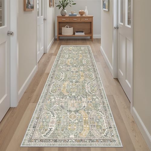 Hallway Runner Rug 2x8 Washable Kitchen Rugs Non (Green/Gold / 2' x 8' (Runner))