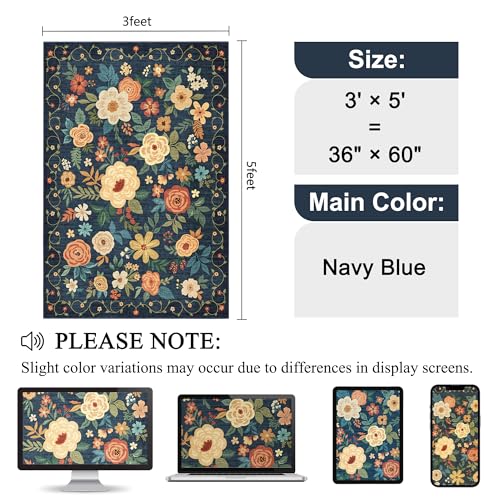 3x5 Area Rug Floral Washable Rug for Bedroom Non Slip (Navy Blue / 3' x 5' (Rectangular))