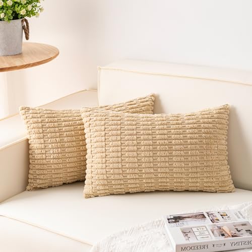 Pack of 2 Corduroy Decorative Throw Pillow Covers 12x20 Inch (Beige / 20" x 12" (Pack of 2))