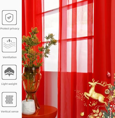Solid Sheer Rod Pocket Curtain Voile Draperies 2 Panels White Beige Black Ivory Grey 26 Inch Width 30 Inch Long 1 Pair for Kitchen Bedroom Children Living Room Yard (Red / 26"W x 30"L (Pack of 2))