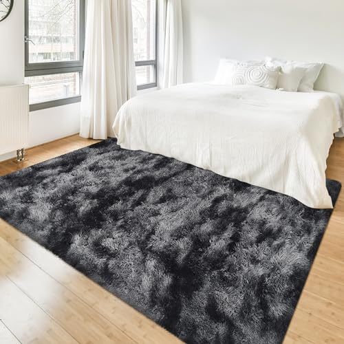 4x6 ft Area Rug for Bedroom Black Grey Tie Dye Fluffy Rug Mat Bedside Throw Rug for Living Room Kids Room Boys Teens Nursery Baby Dorm Office Home Decor Aesthetic Carpets (Tie-dyed Black Grey / 4' x 6' (Rectangular))