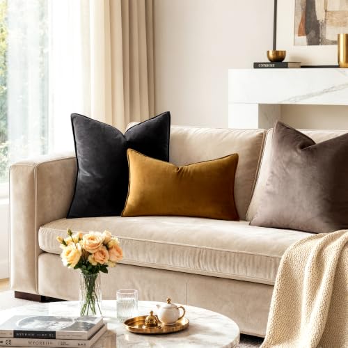 Decorative Golden Brown Velvet Lumbar Throw Pillow Covers 12x20 Inch (20" x 12" (Pack of 2) / Golden Brown)