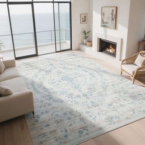 8x10 Boho Washable Area Rugs for Living Room (8' x 10' (Rectangular) / Milky White-light Blue-light Brown)