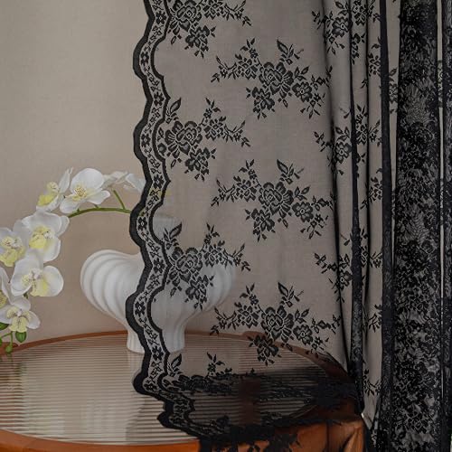 Black Lace Curtains 54 Inch Length Short Victorian Sheer Curtains (#2 Black / 50"W x 54"L (Pack of 2))