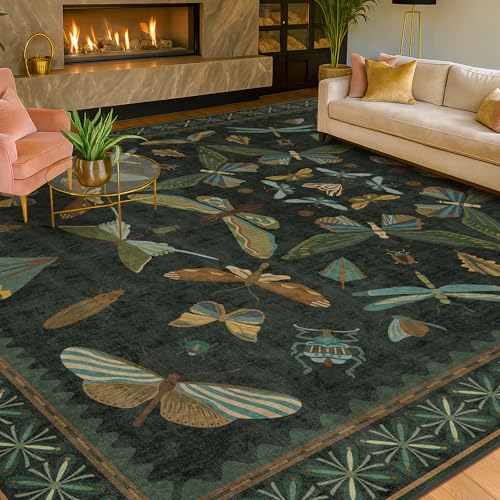 Dark Green Insect Area Rugs 8x10 for Living Room (8' x 10' (Rectangular) / Dark Green)