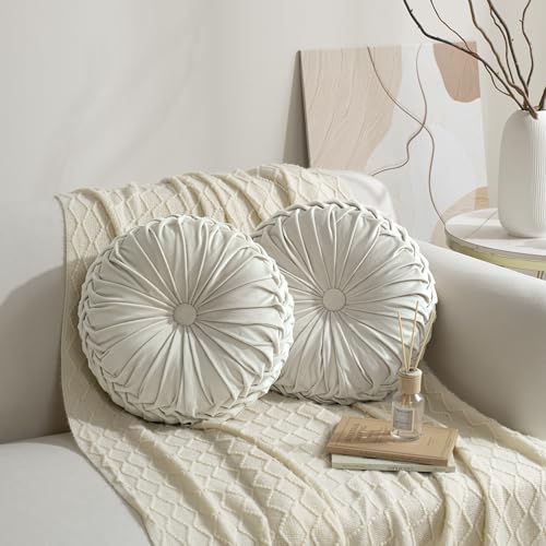 Set of 2 Beige Velvet Decorative Round Pleated Throw Pillows (Beige)
