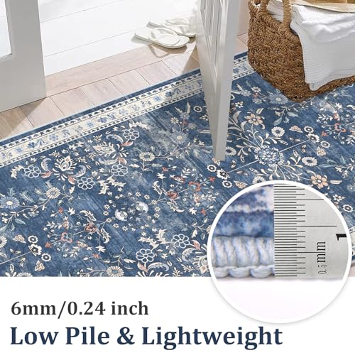 2x6 Washable Hallway Runner Rug Non Slip Floral Carpet (Blue / 2' x 6')