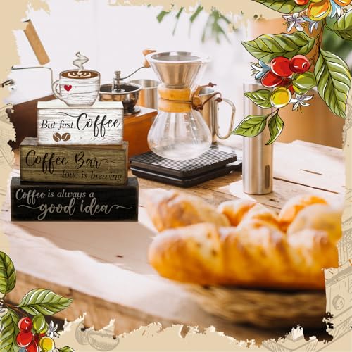 4 Pcs Coffee Bar Sign Wooden Blocks with Cup Topper Coffee Decor (Coffee Bar)