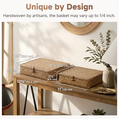 Wicker Basket with Lids (Brown(Seagrass) / 12¾"L x 11¼"W x 3"H + 11"L x 9¼"W x 2½"H)