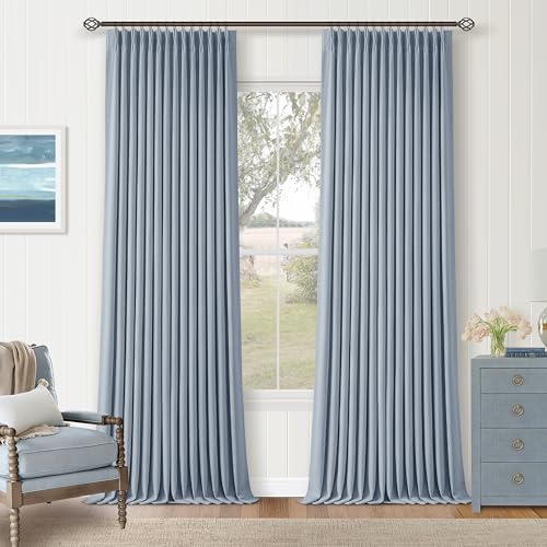 Blue Pinch Pleated Linen Blackout Dual Layer Curtains 108 Inches Length (Light Blue / 40"W x 108"L (Pack of 2))
