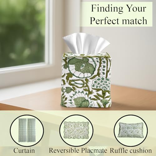 CPC Agate Green Block Print Square Tissue Box Cover 100% Cotton (Agate Green)